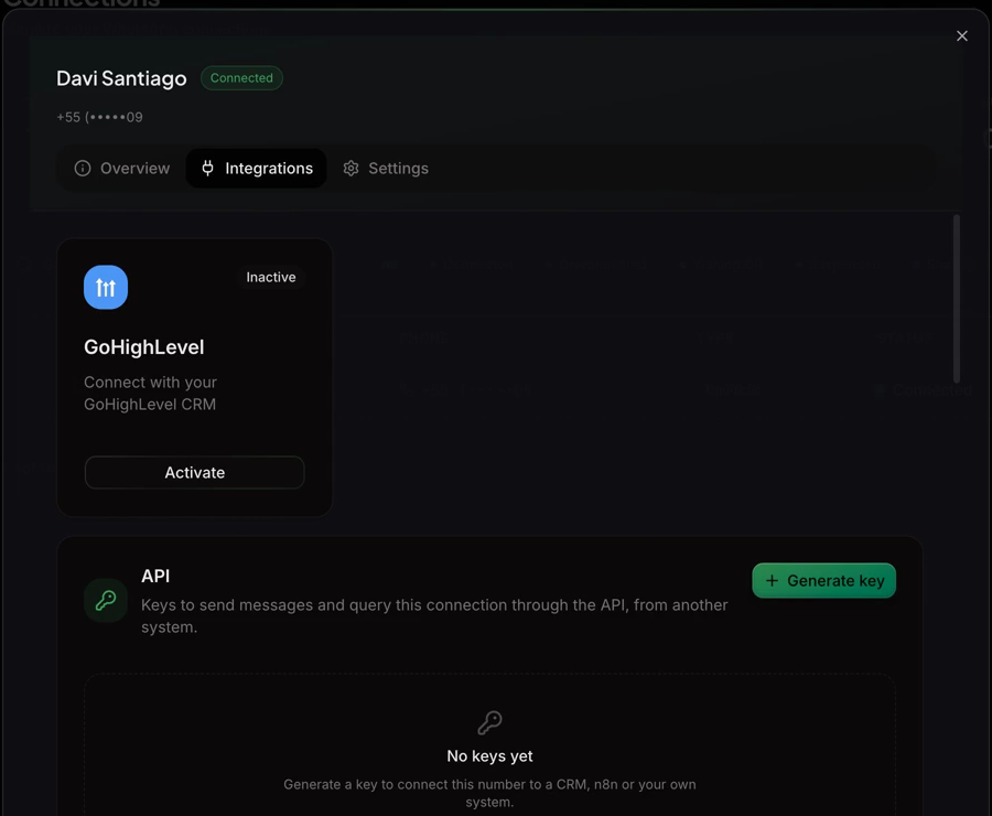 The Integrations tab of a Wappfy connection, with the GoHighLevel card and its Activate button