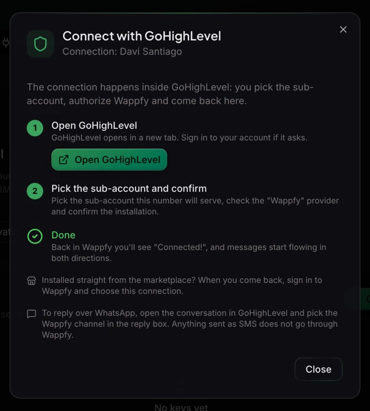 The Connect with GoHighLevel dialog in Wappfy, with the Open GoHighLevel button