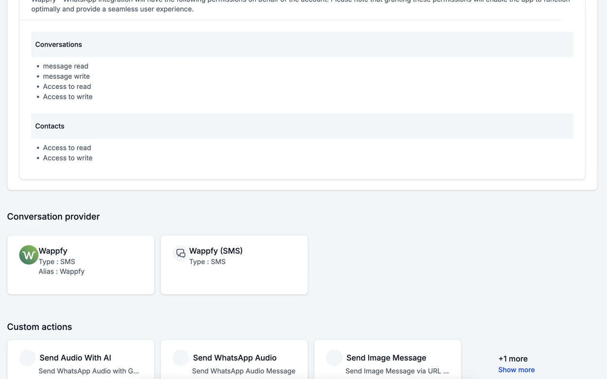 GoHighLevel's install screen listing the Conversations and Contacts permissions, the Wappfy conversation providers and the custom actions