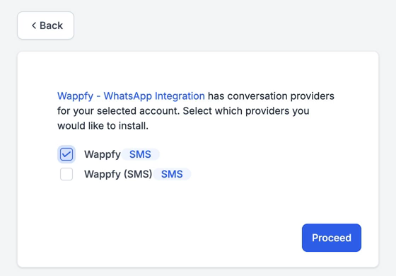 GoHighLevel's provider selection screen with the Wappfy provider checked and the Proceed button