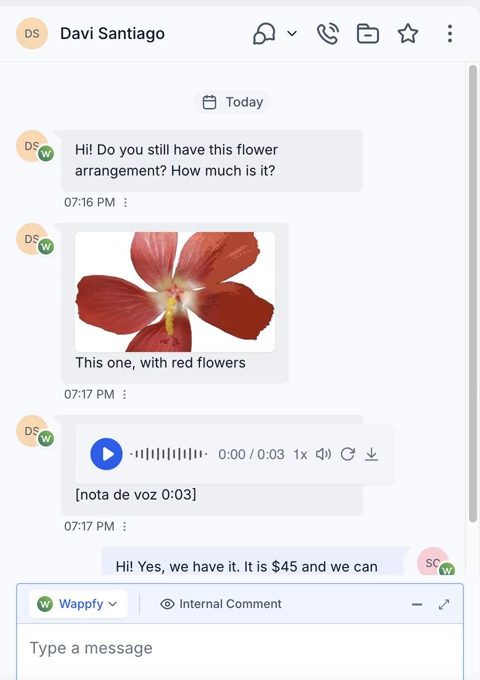 A GoHighLevel conversation with WhatsApp messages (text, photo with caption and voice note) and the reply box set to the Wappfy channel